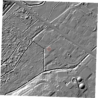 Shaded relief map of the ground around BN236PW, computed from Environment Agency LiDAR. The ground here sits at about 3 m above sea level and falls 8 m across the surrounding 800 m. Surface water reaching this point runs off ground lying to the east, 0.7 m higher.