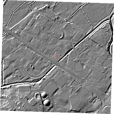 Shaded relief map of the ground around BN236PX, computed from Environment Agency LiDAR. The ground here sits at about 3 m above sea level and falls 8 m across the surrounding 800 m. The ground contributing surface water to this point lies to the south-south-west.