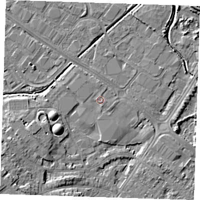 Shaded relief map of the ground around BN236QD, computed from Environment Agency LiDAR. The ground here sits at about 4 m above sea level and falls 8 m across the surrounding 800 m. Surface water reaching this point runs off ground lying to the south-east, 0.9 m higher.