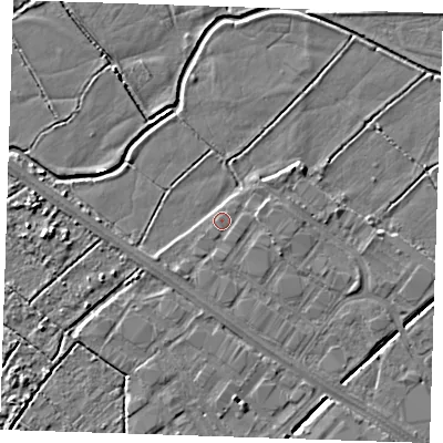 Shaded relief map of the ground around BN236QE, computed from Environment Agency LiDAR. The ground here sits at about 3 m above sea level and falls 4 m across the surrounding 800 m. Surface water reaching this point runs off ground lying to the south-east, 0.6 m higher.
