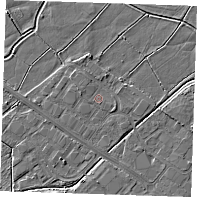 Shaded relief map of the ground around BN236QF, computed from Environment Agency LiDAR. The ground here sits at about 3 m above sea level and falls 4 m across the surrounding 800 m. Surface water reaching this point runs off ground lying to the east-south-east, 0.7 m higher.