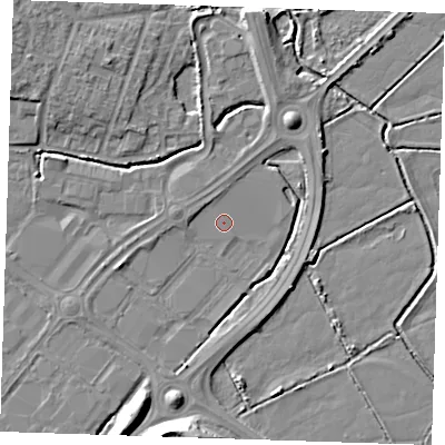 Shaded relief map of the ground around BN236QH, computed from Environment Agency LiDAR. The ground here sits at about 3 m above sea level and falls 11 m across the surrounding 800 m. Surface water reaching this point runs off ground lying to the west-south-west, 2.1 m higher.