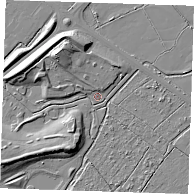 Shaded relief map of the ground around BN236QJ, computed from Environment Agency LiDAR. The ground here sits at about 3 m above sea level and falls 14 m across the surrounding 800 m. Surface water reaching this point runs off ground lying to the north-west, 8.4 m higher.