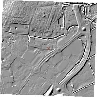 Shaded relief map of the ground around BN236QN, computed from Environment Agency LiDAR. The ground here sits at about 3 m above sea level and falls 9 m across the surrounding 800 m. Surface water reaching this point runs off ground lying to the east, 0.9 m higher.