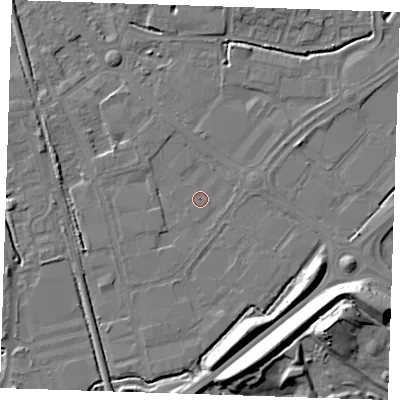 Shaded relief map of the ground around BN236QU, computed from Environment Agency LiDAR. The ground here sits at about 3 m above sea level and falls 14 m across the surrounding 800 m. The ground contributing surface water to this point lies to the west-south-west.