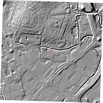 Shaded relief map of the ground around BN236QW, computed from Environment Agency LiDAR. The ground here sits at about 3 m above sea level and falls 7 m across the surrounding 800 m. Surface water reaching this point runs off ground lying to the north-north-east, 3.7 m higher.