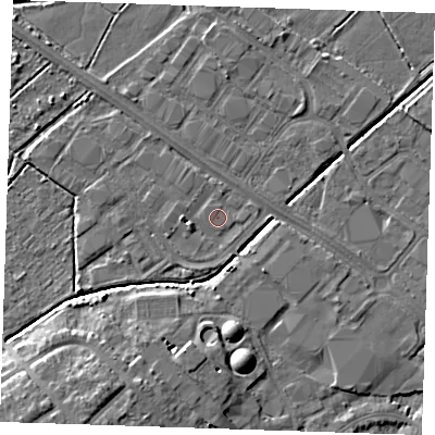 Shaded relief map of the ground around BN236QY, computed from Environment Agency LiDAR. The ground here sits at about 3 m above sea level and falls 8 m across the surrounding 800 m. Surface water reaching this point runs off ground lying to the south-east, 3.4 m higher.