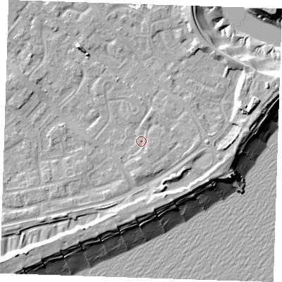 Shaded relief map of the ground around BN236RR, computed from Environment Agency LiDAR. The ground here sits at about 5 m above sea level and falls 13 m across the surrounding 800 m. Surface water reaching this point runs off ground lying to the east, 1.9 m higher.