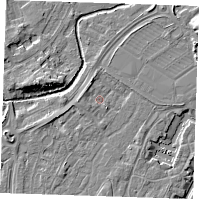 Shaded relief map of the ground around BN236TA, computed from Environment Agency LiDAR. The ground here sits at about 4 m above sea level and falls 9 m across the surrounding 800 m. Surface water reaching this point runs off ground lying to the north-west, 2.6 m higher.