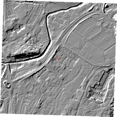 Shaded relief map of the ground around BN236TB, computed from Environment Agency LiDAR. The ground here sits at about 4 m above sea level and falls 9 m across the surrounding 800 m. Surface water reaching this point runs off ground lying to the west-north-west, 2.2 m higher.