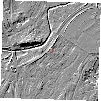 Shaded relief map of the ground around BN236TE, computed from Environment Agency LiDAR. The ground here sits at about 4 m above sea level and falls 9 m across the surrounding 800 m. Surface water reaching this point runs off ground lying to the north, 0.7 m higher.