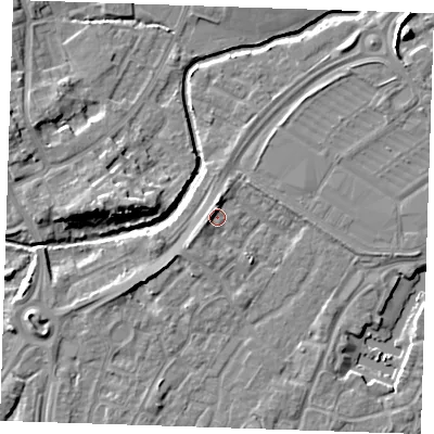 Shaded relief map of the ground around BN236TF, computed from Environment Agency LiDAR. The ground here sits at about 4 m above sea level and falls 9 m across the surrounding 800 m. Surface water reaching this point runs off ground lying to the north-north-west, 1.7 m higher.