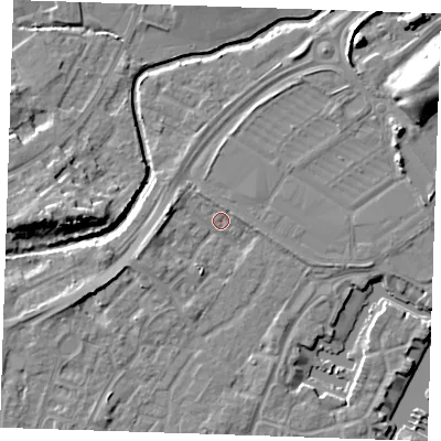 Shaded relief map of the ground around BN236TG, computed from Environment Agency LiDAR. The ground here sits at about 3 m above sea level and falls 10 m across the surrounding 800 m. Surface water reaching this point runs off ground lying to the west, 3.0 m higher.