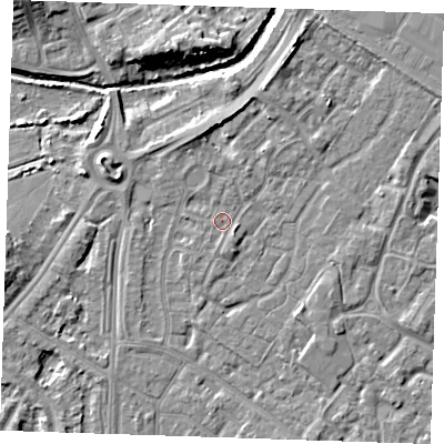 Shaded relief map of the ground around BN236TH, computed from Environment Agency LiDAR. The ground here sits at about 4 m above sea level and falls 9 m across the surrounding 800 m. Surface water reaching this point runs off ground lying to the south, 0.6 m higher.
