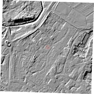 Shaded relief map of the ground around BN236TJ, computed from Environment Agency LiDAR. The ground here sits at about 3 m above sea level and falls 9 m across the surrounding 800 m. Surface water reaching this point runs off ground lying to the north, 0.8 m higher.