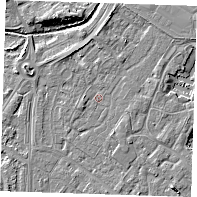 Shaded relief map of the ground around BN236TL, computed from Environment Agency LiDAR. The ground here sits at about 3 m above sea level and falls 9 m across the surrounding 800 m. Surface water reaching this point runs off ground lying to the north, 3.3 m higher.