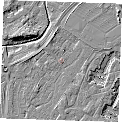 Shaded relief map of the ground around BN236TN, computed from Environment Agency LiDAR. The ground here sits at about 4 m above sea level and falls 9 m across the surrounding 800 m. Surface water reaching this point runs off ground lying to the north-north-east, 1.0 m higher.