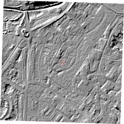 Shaded relief map of the ground around BN236TP, computed from Environment Agency LiDAR. The ground here sits at about 3 m above sea level and falls 8 m across the surrounding 800 m. Surface water reaching this point runs off ground lying to the north-north-west, 1.5 m higher.