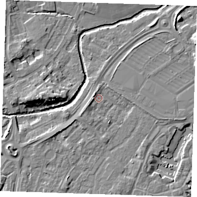 Shaded relief map of the ground around BN236TQ, computed from Environment Agency LiDAR. The ground here sits at about 3 m above sea level and falls 9 m across the surrounding 800 m. Surface water reaching this point runs off ground lying to the west, 2.3 m higher.