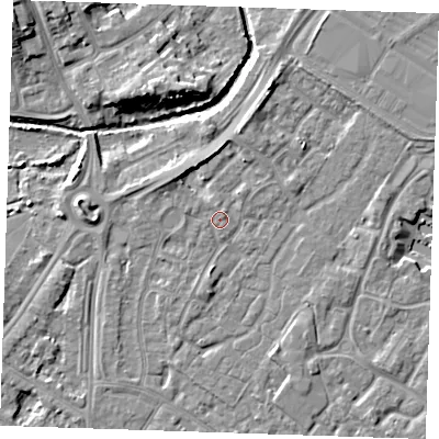 Shaded relief map of the ground around BN236TR, computed from Environment Agency LiDAR. The ground here sits at about 4 m above sea level and falls 9 m across the surrounding 800 m. Surface water reaching this point runs off ground lying to the north-north-west, 3.1 m higher.