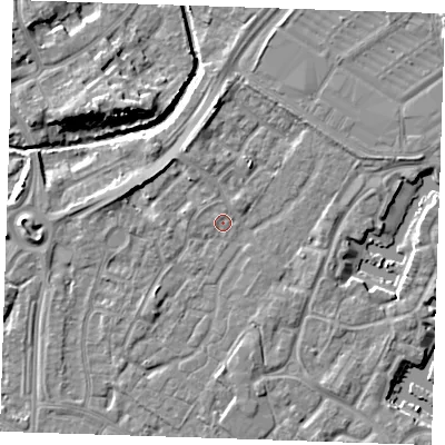 Shaded relief map of the ground around BN236TU, computed from Environment Agency LiDAR. The ground here sits at about 3 m above sea level and falls 9 m across the surrounding 800 m. Surface water reaching this point runs off ground lying to the north-north-west, 0.7 m higher.