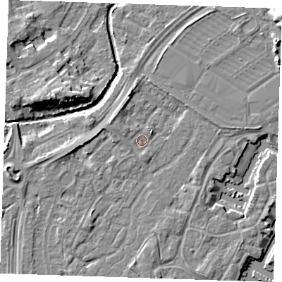 Shaded relief map of the ground around BN236TW, computed from Environment Agency LiDAR. The ground here sits at about 3 m above sea level and falls 9 m across the surrounding 800 m. Surface water reaching this point runs off ground lying to the north-west, 1.8 m higher.