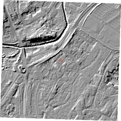 Shaded relief map of the ground around BN236TX, computed from Environment Agency LiDAR. The ground here sits at about 4 m above sea level and falls 9 m across the surrounding 800 m. Surface water reaching this point runs off ground lying to the west-north-west, 3.1 m higher.