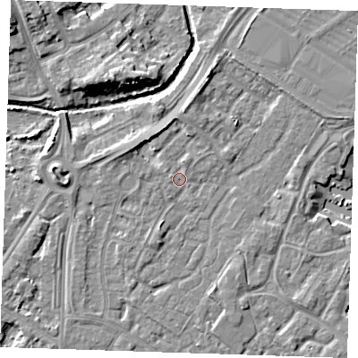 Shaded relief map of the ground around BN236TY, computed from Environment Agency LiDAR. The ground here sits at about 3 m above sea level and falls 9 m across the surrounding 800 m. Surface water reaching this point runs off ground lying to the north-west, 3.1 m higher.