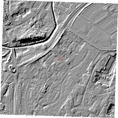 Shaded relief map of the ground around BN236TZ, computed from Environment Agency LiDAR. The ground here sits at about 4 m above sea level and falls 9 m across the surrounding 800 m. Surface water reaching this point runs off ground lying to the north, 0.7 m higher.