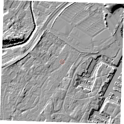 Shaded relief map of the ground around BN236UA, computed from Environment Agency LiDAR. The ground here sits at about 3 m above sea level and falls 10 m across the surrounding 800 m. Surface water reaching this point runs off ground lying to the north-west, 3.0 m higher.