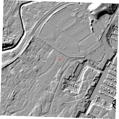 Shaded relief map of the ground around BN236UB, computed from Environment Agency LiDAR. The ground here sits at about 4 m above sea level and falls 15 m across the surrounding 800 m. The ground contributing surface water to this point lies to the north-north-west.