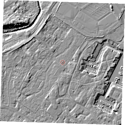 Shaded relief map of the ground around BN236UD, computed from Environment Agency LiDAR. The ground here sits at about 3 m above sea level and falls 9 m across the surrounding 800 m. Surface water reaching this point runs off ground lying to the east-south-east, 1.2 m higher.
