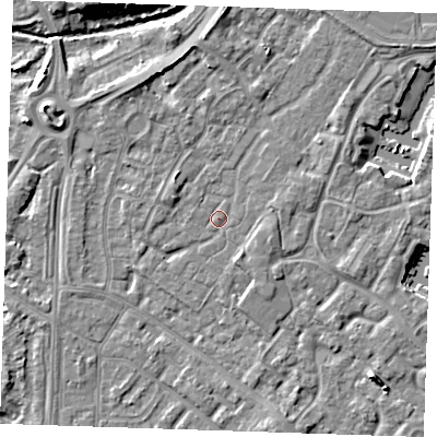 Shaded relief map of the ground around BN236UE, computed from Environment Agency LiDAR. The ground here sits at about 3 m above sea level and falls 8 m across the surrounding 800 m. Surface water reaching this point runs off ground lying to the north-north-west, 3.1 m higher.