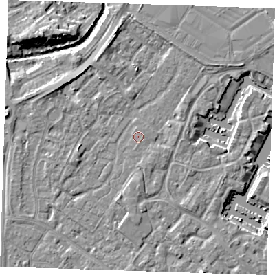 Shaded relief map of the ground around BN236UF, computed from Environment Agency LiDAR. The ground here sits at about 4 m above sea level and falls 9 m across the surrounding 800 m. The ground contributing surface water to this point lies to the south-east.