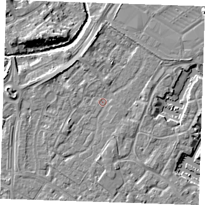 Shaded relief map of the ground around BN236UG, computed from Environment Agency LiDAR. The ground here sits at about 3 m above sea level and falls 9 m across the surrounding 800 m. Surface water reaching this point runs off ground lying to the north, 3.0 m higher.