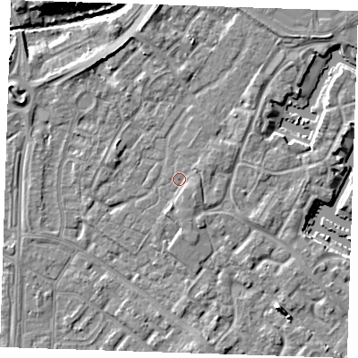 Shaded relief map of the ground around BN236UH, computed from Environment Agency LiDAR. The ground here sits at about 3 m above sea level and falls 8 m across the surrounding 800 m. Surface water reaching this point runs off ground lying to the south-east, 1.2 m higher.