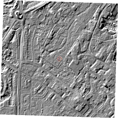 Shaded relief map of the ground around BN236UJ, computed from Environment Agency LiDAR. The ground here sits at about 3 m above sea level and falls 6 m across the surrounding 800 m. The ground contributing surface water to this point lies to the west-south-west.