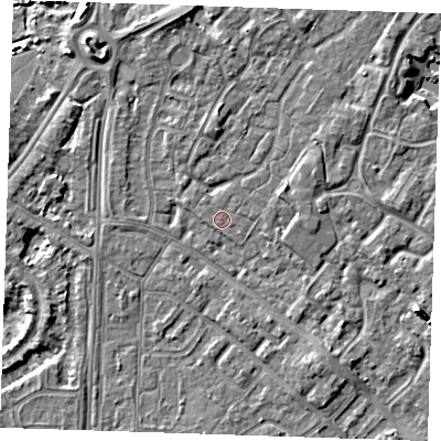 Shaded relief map of the ground around BN236UL, computed from Environment Agency LiDAR. The ground here sits at about 3 m above sea level and falls 6 m across the surrounding 800 m. The ground contributing surface water to this point lies to the south-south-west.