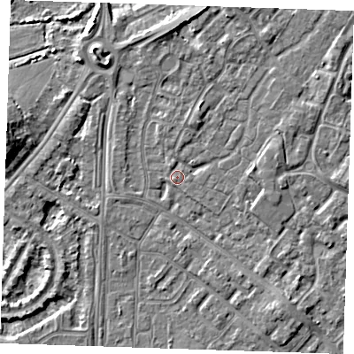 Shaded relief map of the ground around BN236UN, computed from Environment Agency LiDAR. The ground here sits at about 3 m above sea level and falls 6 m across the surrounding 800 m. Surface water reaching this point runs off ground lying to the north, 2.9 m higher.