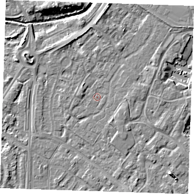 Shaded relief map of the ground around BN236UP, computed from Environment Agency LiDAR. The ground here sits at about 3 m above sea level and falls 9 m across the surrounding 800 m. Surface water reaching this point runs off ground lying to the north-north-west, 3.1 m higher.