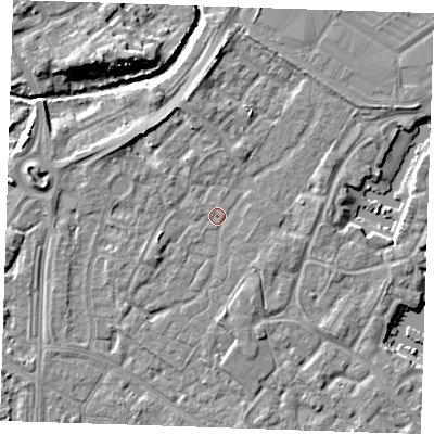 Shaded relief map of the ground around BN236UQ, computed from Environment Agency LiDAR. The ground here sits at about 3 m above sea level and falls 9 m across the surrounding 800 m. Surface water reaching this point runs off ground lying to the north, 3.0 m higher.