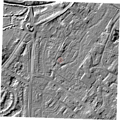 Shaded relief map of the ground around BN236UW, computed from Environment Agency LiDAR. The ground here sits at about 3 m above sea level and falls 5 m across the surrounding 800 m. Surface water reaching this point runs off ground lying to the north, 3.2 m higher.