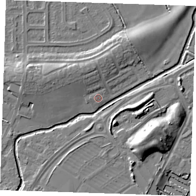 Shaded relief map of the ground around BN237AA, computed from Environment Agency LiDAR. The ground here sits at about 3 m above sea level and falls 11 m across the surrounding 800 m. Surface water reaching this point runs off ground lying to the north-west, 4.3 m higher.
