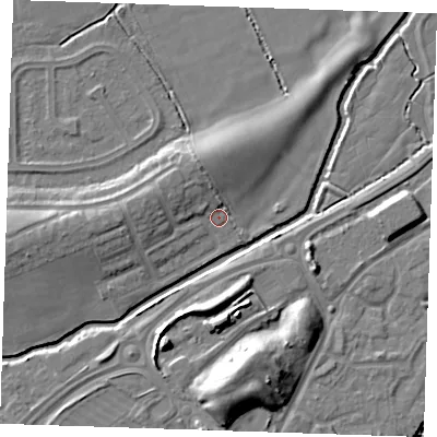 Shaded relief map of the ground around BN237AD, computed from Environment Agency LiDAR. The ground here sits at about 3 m above sea level and falls 11 m across the surrounding 800 m. Surface water reaching this point runs off ground lying to the north-north-west, 4.2 m higher.