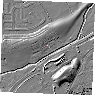 Shaded relief map of the ground around BN237AG, computed from Environment Agency LiDAR. The ground here sits at about 4 m above sea level and falls 11 m across the surrounding 800 m. Surface water reaching this point runs off ground lying to the north-west, 3.1 m higher.