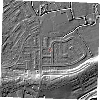 Shaded relief map of the ground around BN237AL, computed from Environment Agency LiDAR. The ground here sits at about 2 m above sea level and falls 7 m across the surrounding 800 m. Surface water reaching this point runs off ground lying to the south-south-east, 0.8 m higher.