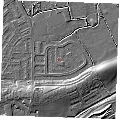 Shaded relief map of the ground around BN237AN, computed from Environment Agency LiDAR. The ground here sits at about 2 m above sea level and falls 7 m across the surrounding 800 m. Surface water reaching this point runs off ground lying to the east, 0.9 m higher.