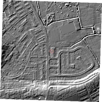 Shaded relief map of the ground around BN237AP, computed from Environment Agency LiDAR. The ground here sits at about 2 m above sea level and falls 7 m across the surrounding 800 m. Surface water reaching this point runs off ground lying to the north-north-east, 0.9 m higher.