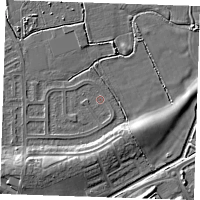 Shaded relief map of the ground around BN237AQ, computed from Environment Agency LiDAR. The ground here sits at about 2 m above sea level and falls 7 m across the surrounding 800 m. Surface water reaching this point runs off ground lying to the south-east, 0.9 m higher.