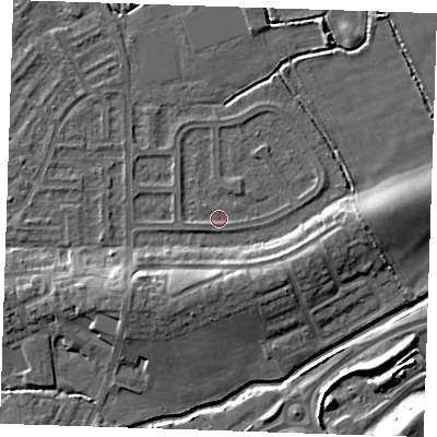 Shaded relief map of the ground around BN237AW, computed from Environment Agency LiDAR. The ground here sits at about 3 m above sea level and falls 10 m across the surrounding 800 m. Surface water reaching this point runs off ground lying to the west-south-west, 0.8 m higher.